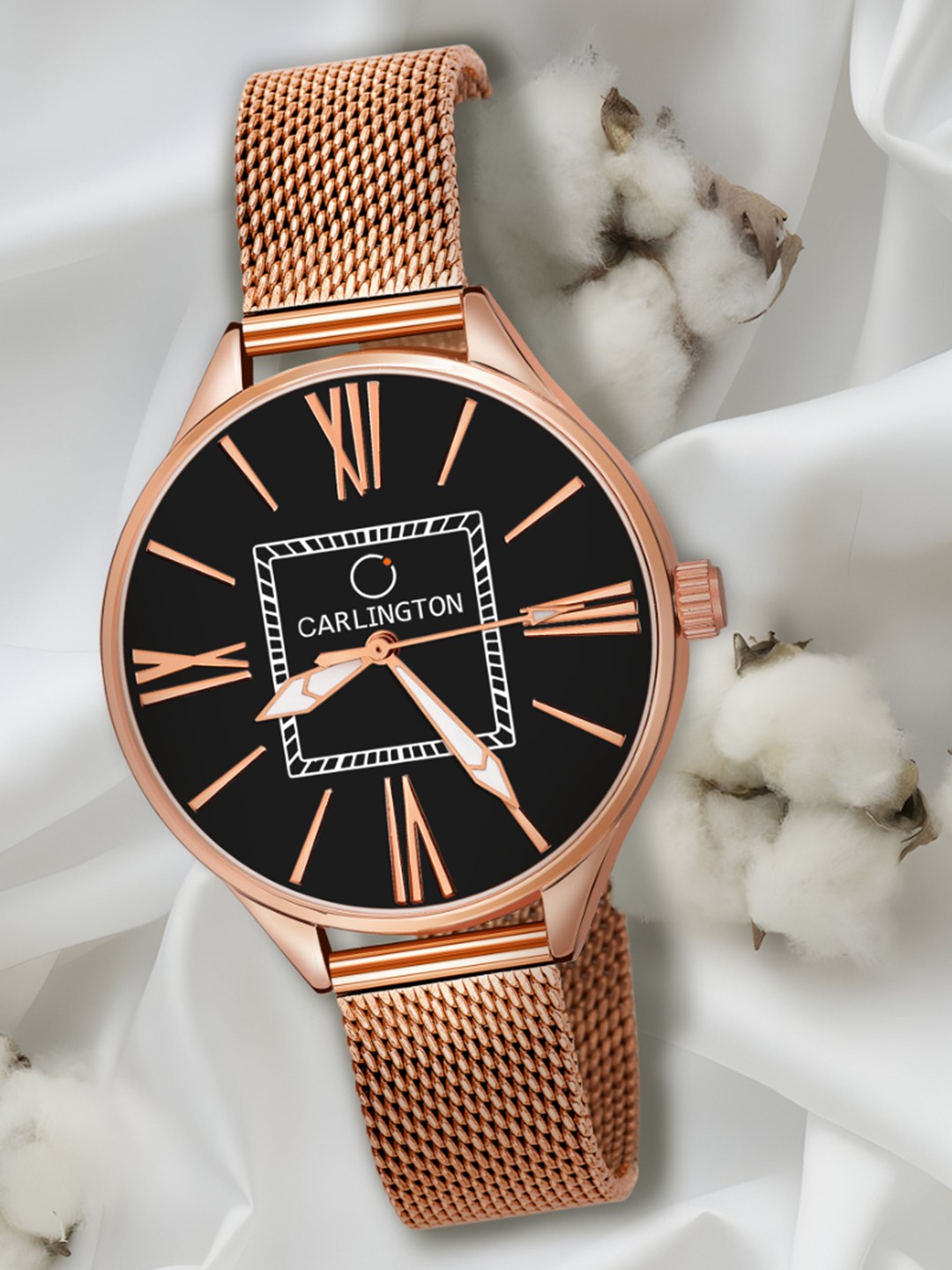 

CARLINGTON Women Black Dial & Rose Gold Toned Stainless Steel Bracelet Style Straps Analogue Watch