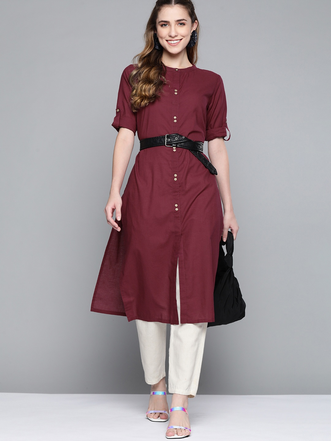 

HERE&NOW Women Maroon Solid Pure Cotton Kurta