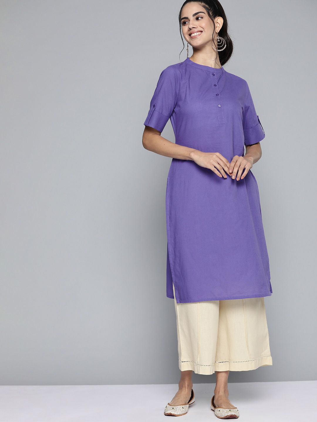 

HERE&NOW Women Purple Solid Pure Cotton Kurta