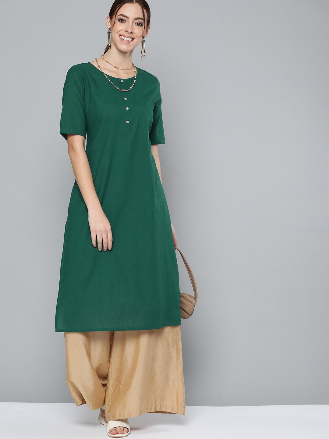 

HERE&NOW Women Green Pure Cotton Solid Kurta
