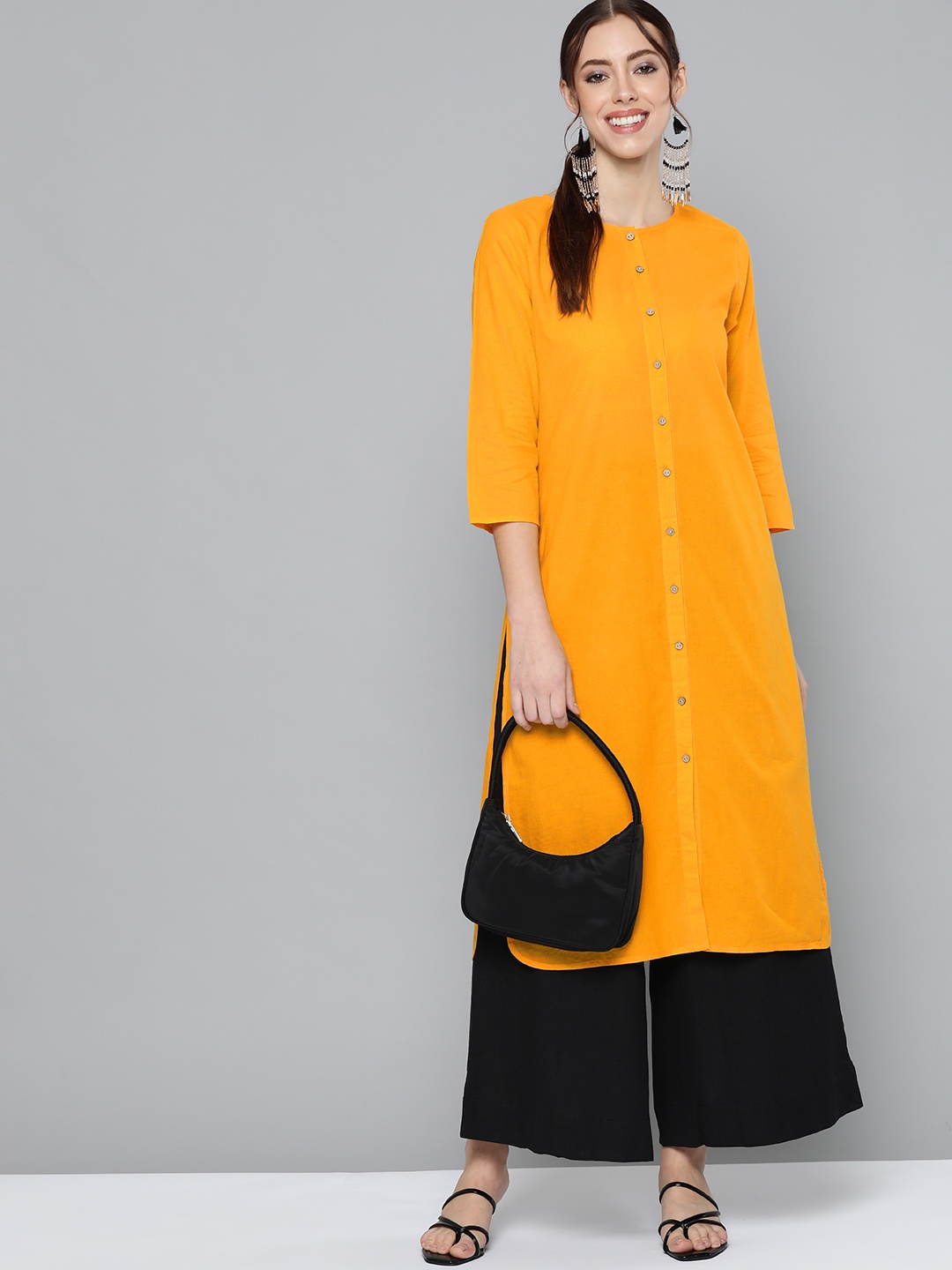 

HERE&NOW Women Mustard Yellow Pure Cotton Solid Kurta