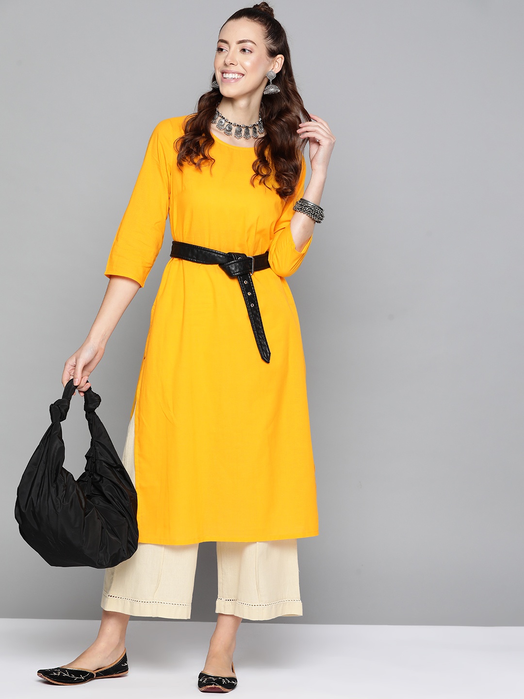

HERE&NOW Women Yellow Pure Cotton Kurta
