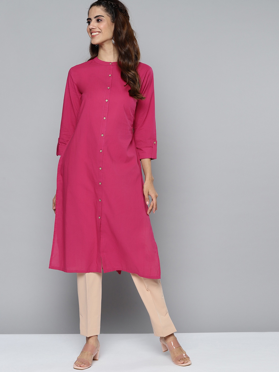 

HERE&NOW Women Pink Pure Cotton Solid Straight Kurta