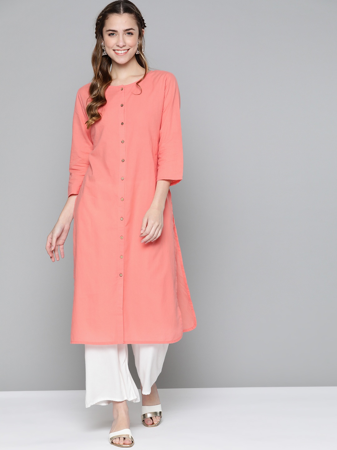 

HERE&NOW Women Peach-Coloured Solid Pure Cotton Kurta