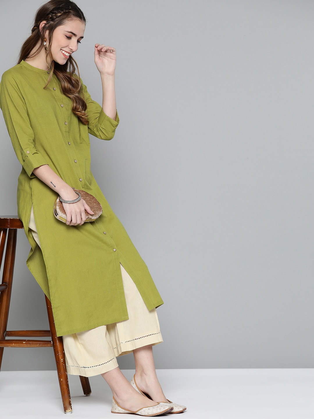 

HERE&NOW Women Olive Green Solid Pure Cotton Kurta