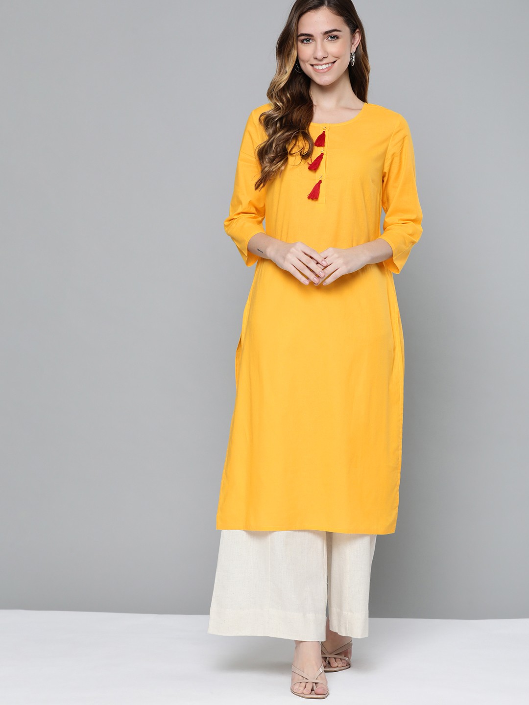 

HERE&NOW Women Yellow Pure Cotton Solid Kurta
