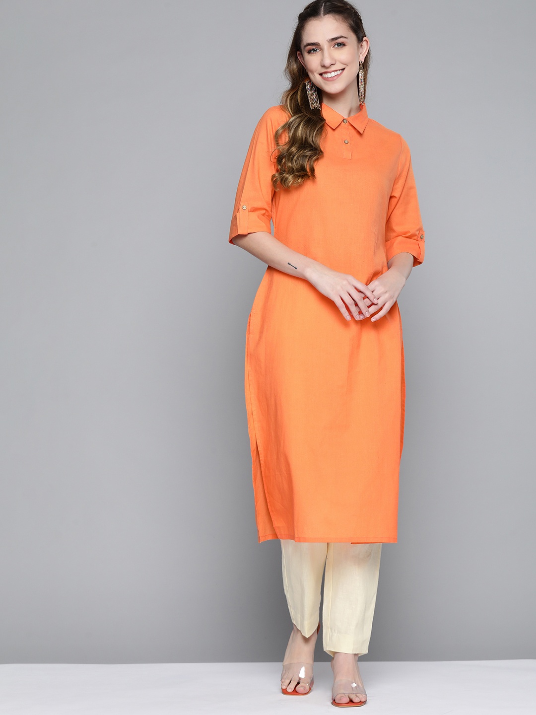 

HERE&NOW Women Orange Solid Pure Cotton Kurta