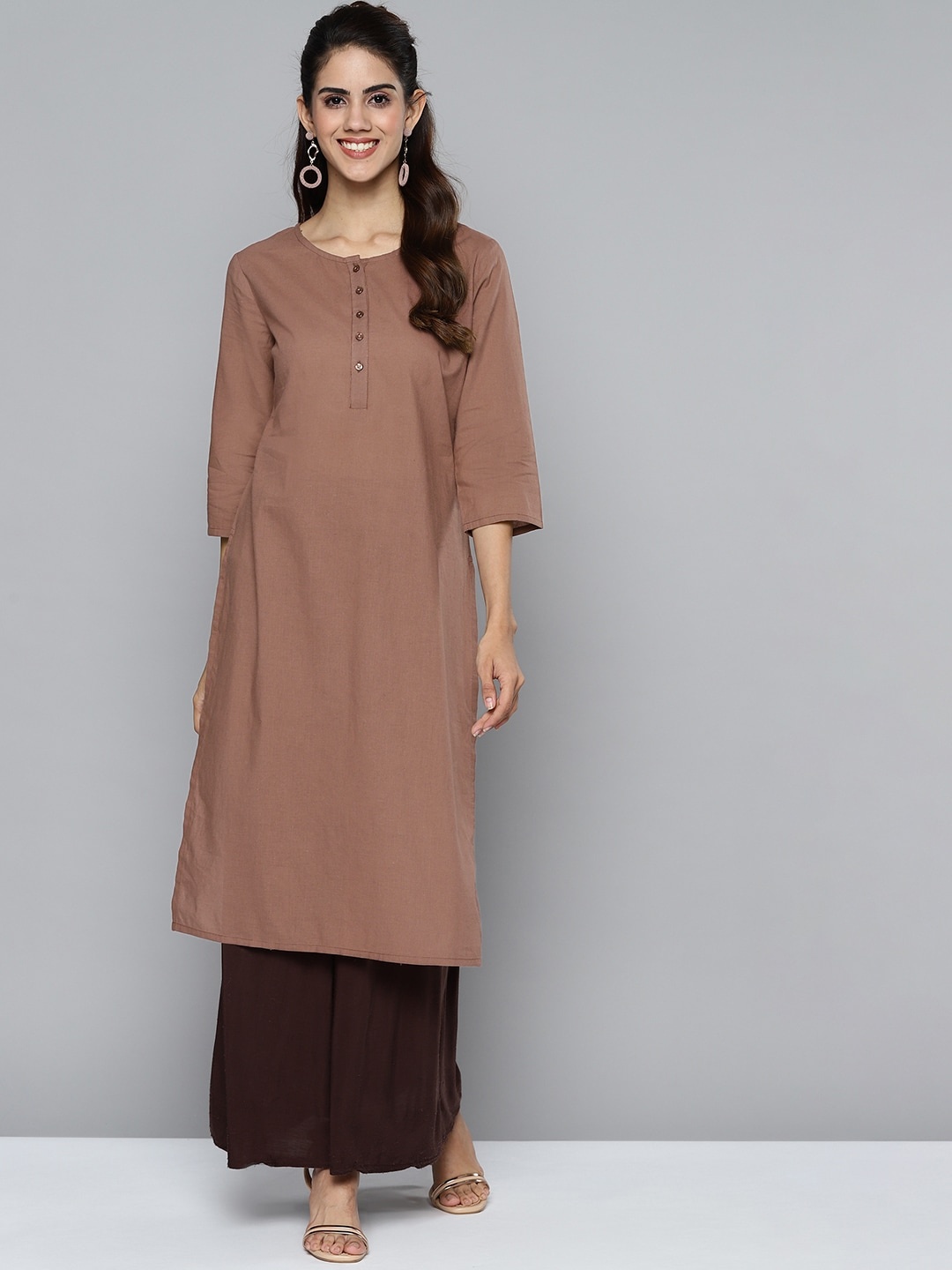 

HERE&NOW Women Brown Solid Pure Cotton Kurta