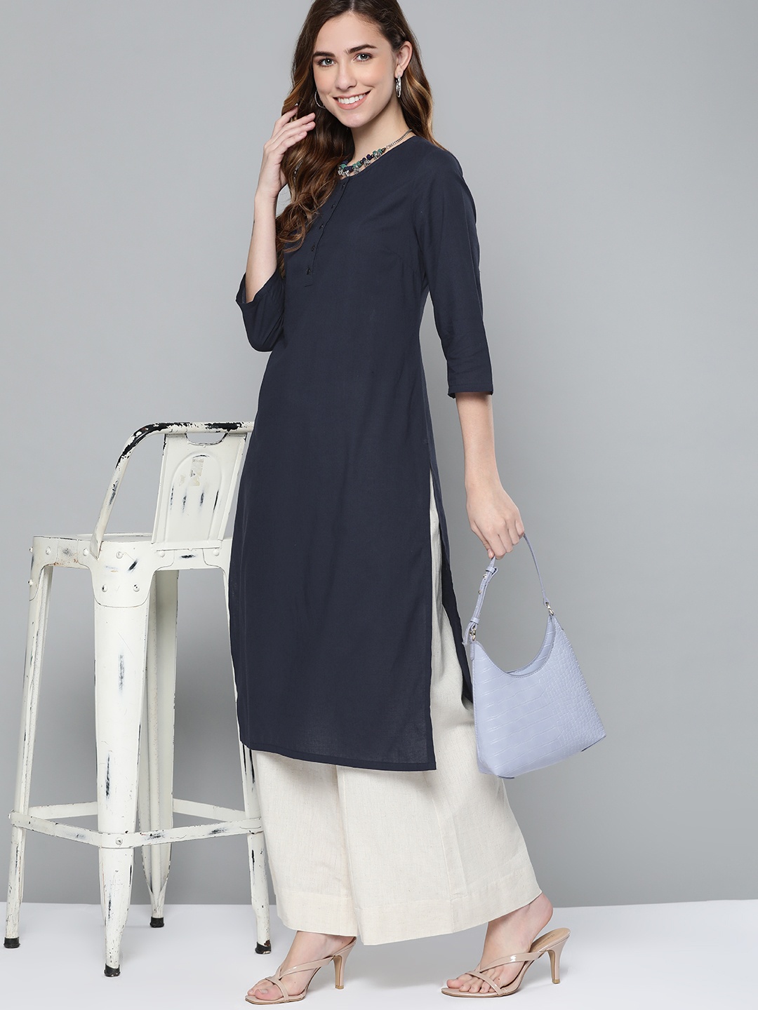

HERE&NOW Women Navy Blue Pure Cotton Solid Kurta