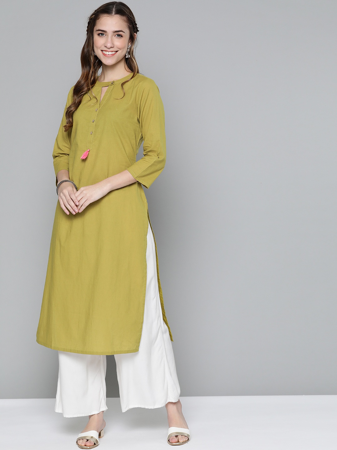 

HERE&NOW Women Olive Green Solid Pure Cotton Kurta