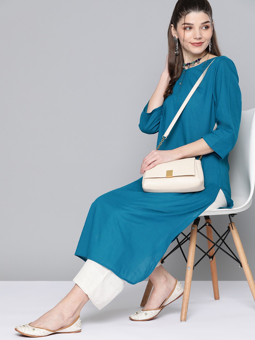 

HERE&NOW Women Teal Blue Pure Cotton Solid Kurta
