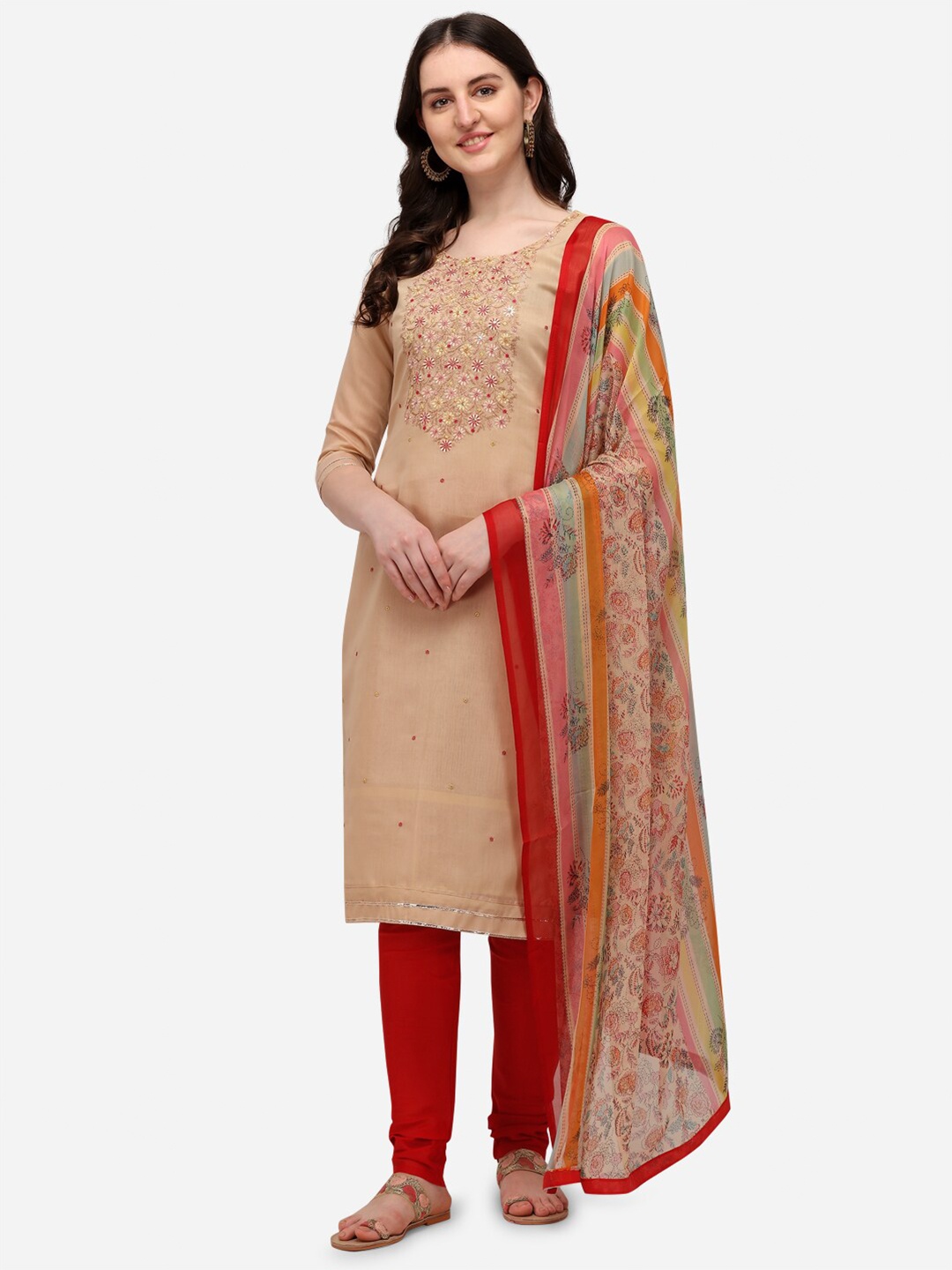 

RAJGRANTH Cream-Coloured & Maroon Embroidered Unstitched Dress Material
