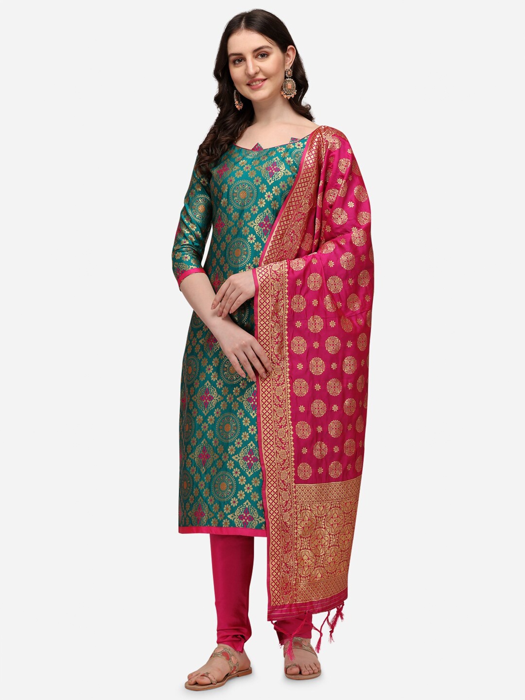 

RAJGRANTH Green & Pink Dupion Silk Banarasi Jacquard Unstitched Dress Material