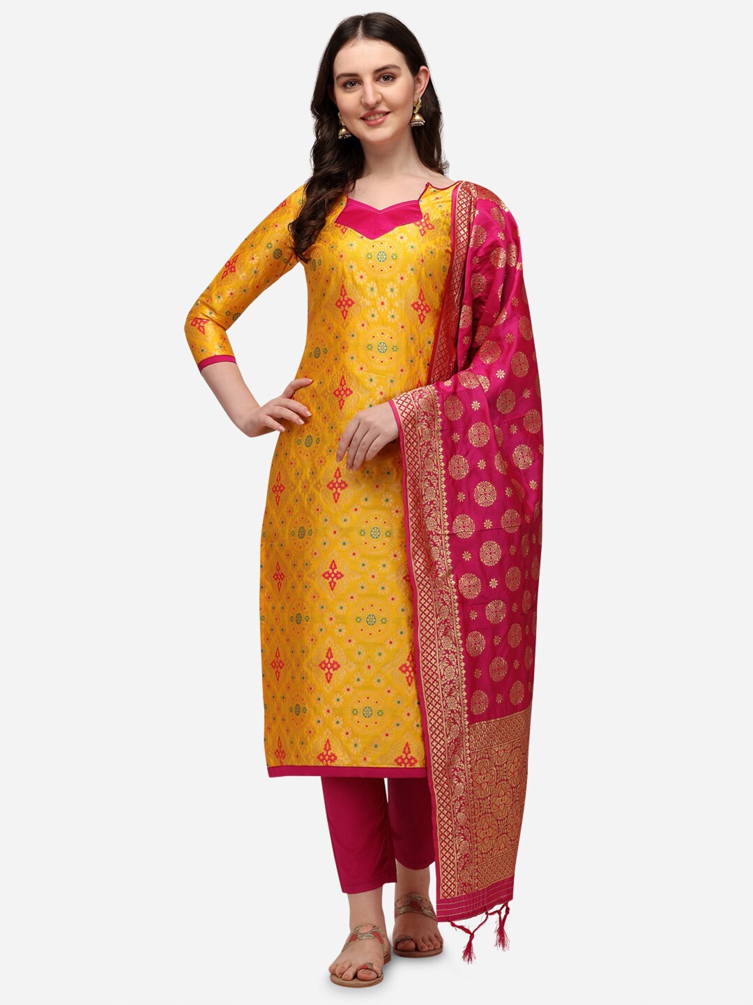 

RAJGRANTH Yellow & Pink Dupion Silk Unstitched Dress Material With Dupatta