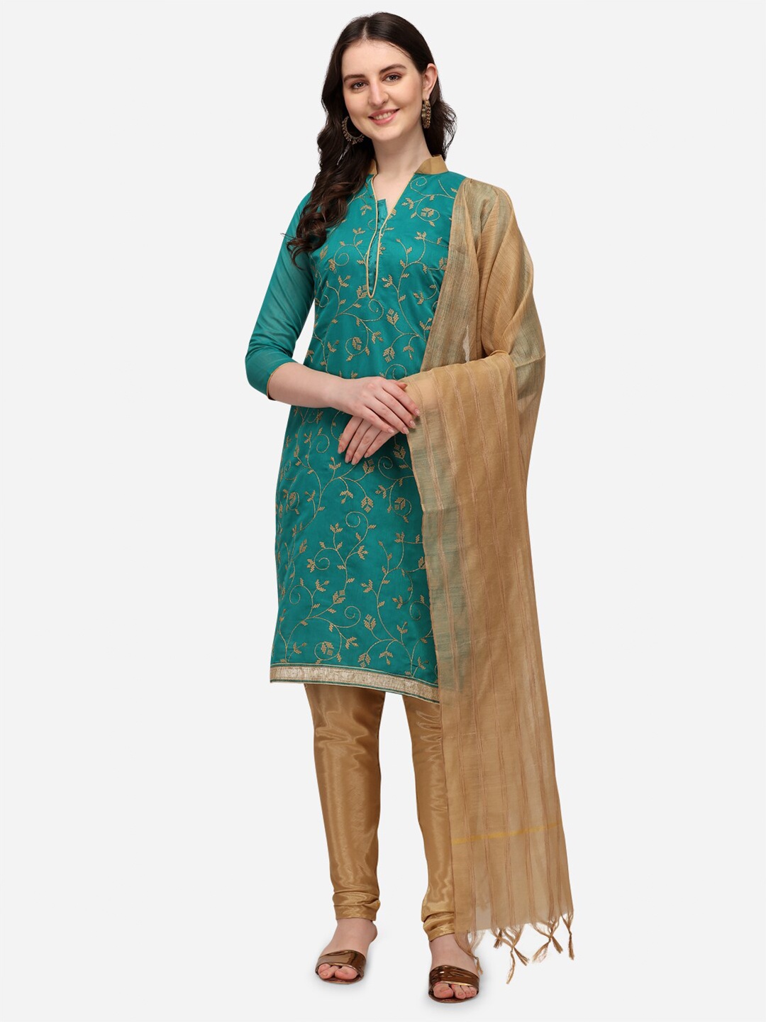 

RAJGRANTH Green & Brown Embroidered Unstitched Dress Material