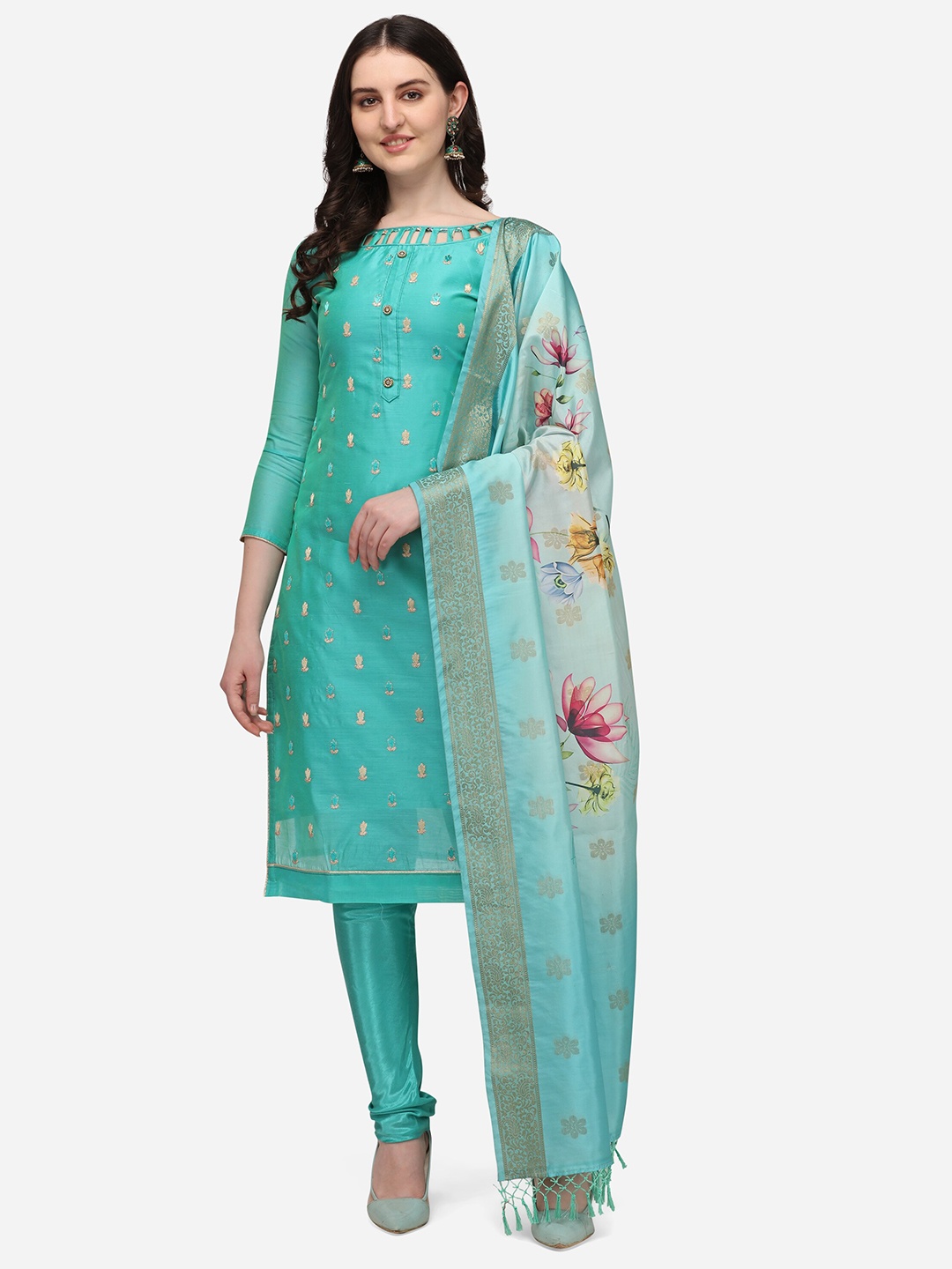 

RAJGRANTH Turquoise Blue & Pink Embroidered Unstitched Dress Material