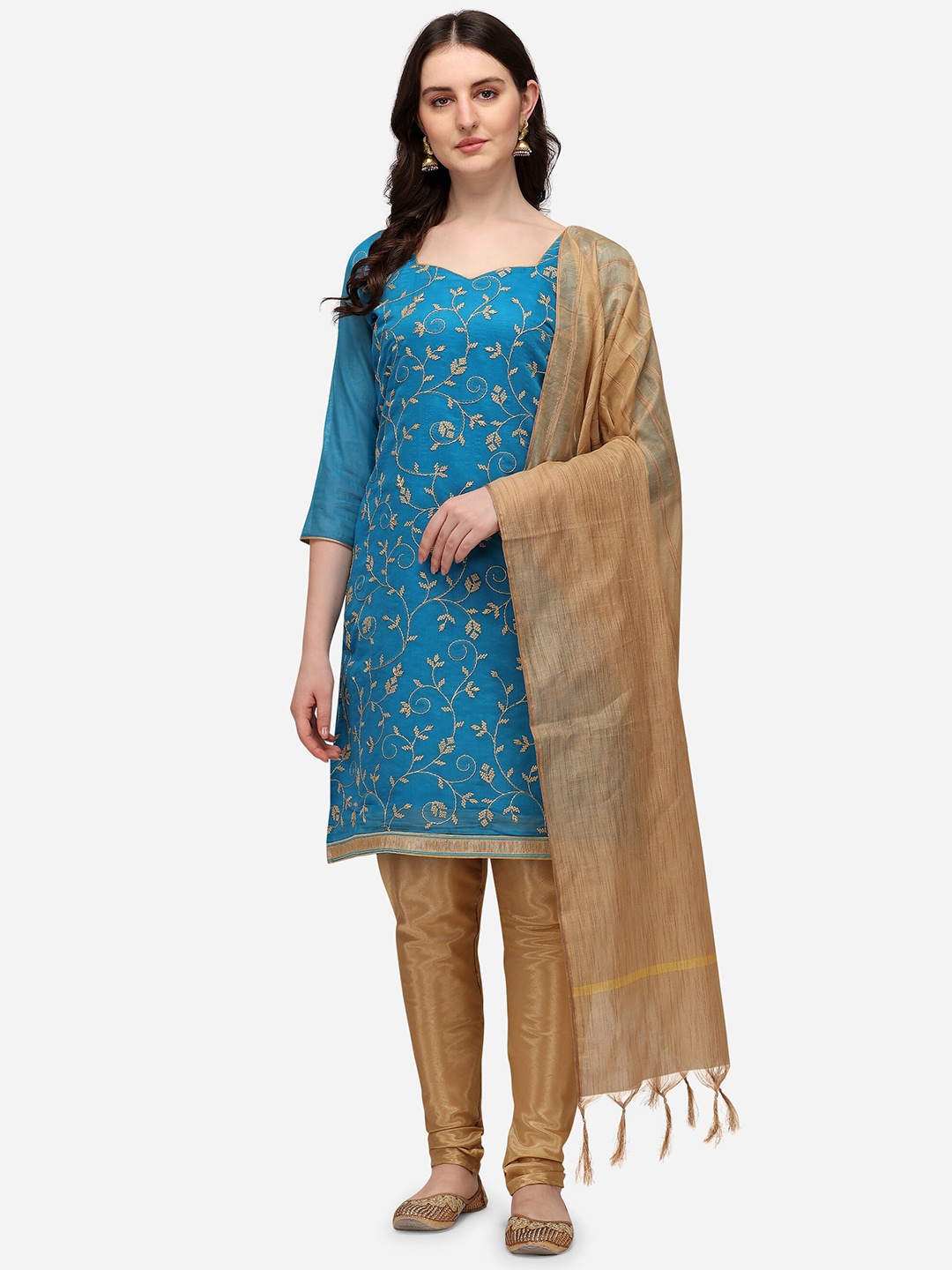 

RAJGRANTH Blue & Tan Embroidered Unstitched Dress Material