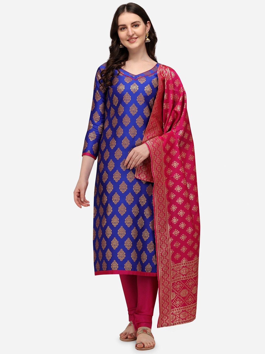 

RAJGRANTH Blue & Pink Printed Unstitched Dress Material