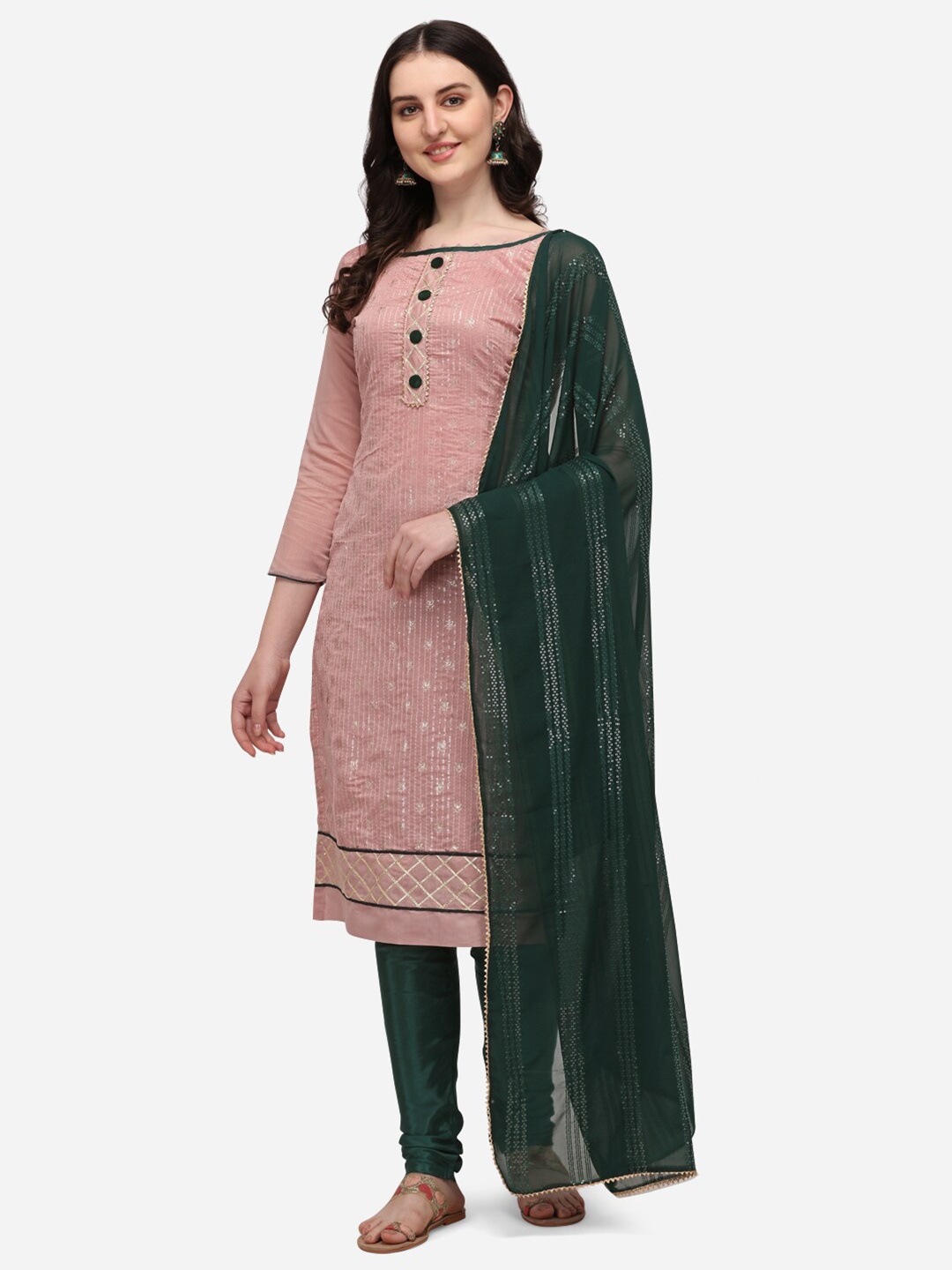 

RAJGRANTH Pink & Green Embroidered With Tikki Work Unstitched Dress Material