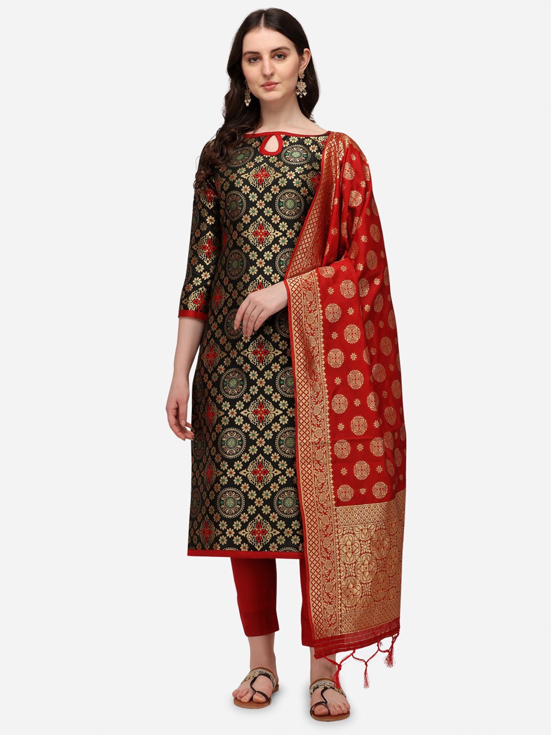 

RAJGRANTH Black & Red Dupion Silk Unstitched Dress Material