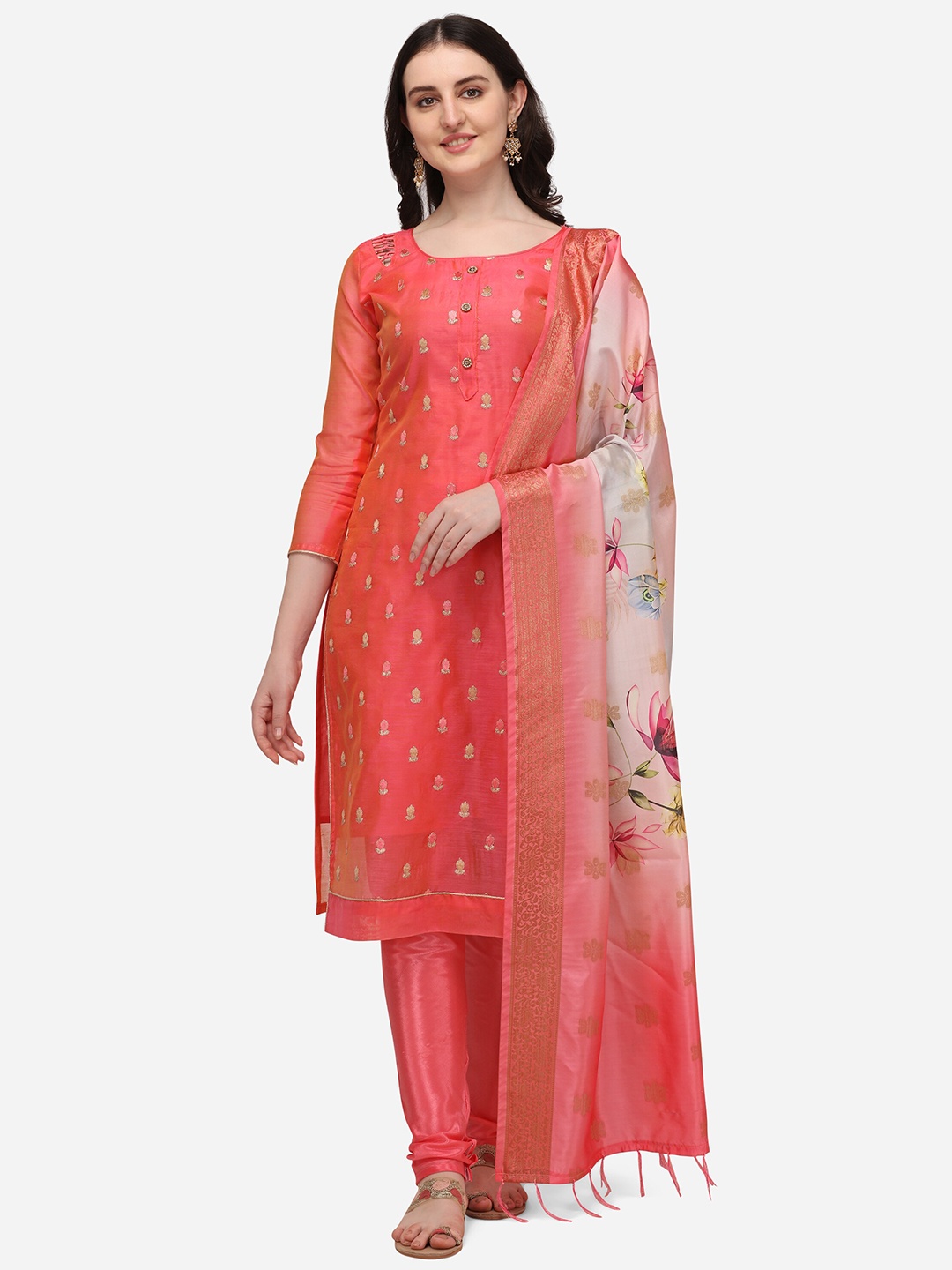 

RAJGRANTH Pink & Gold-Coloured Embroidered Chanderi Unstitched Dress Material