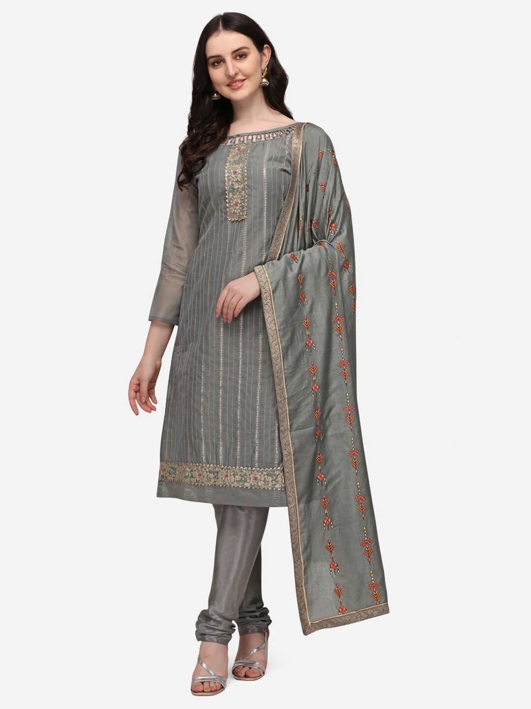 

RAJGRANTH Grey & Gold-Toned Embroidered Unstitched Dress Material With Embroidered Duppata