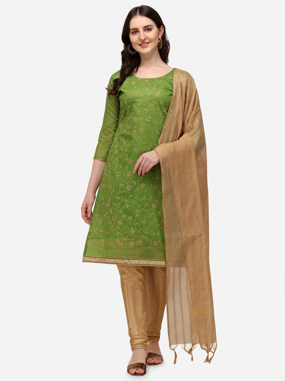 

RAJGRANTH Green & Beige Embroidered Unstitched Dress Material