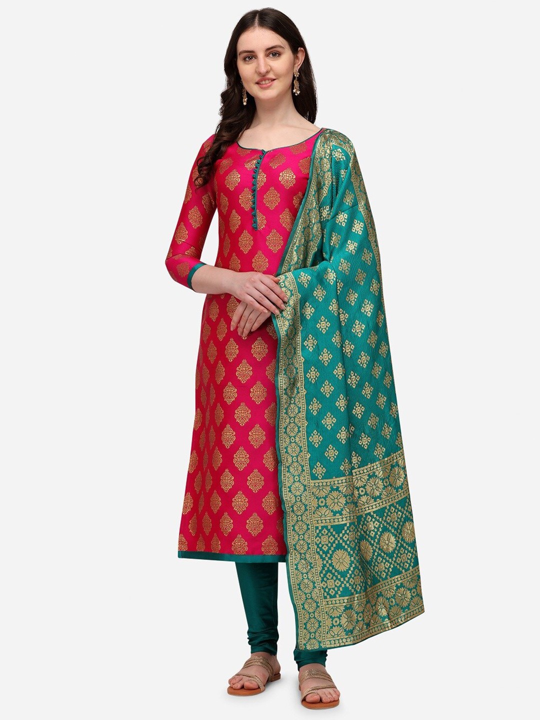 

RAJGRANTH Pink & Green Printed Unstitched Dress Material