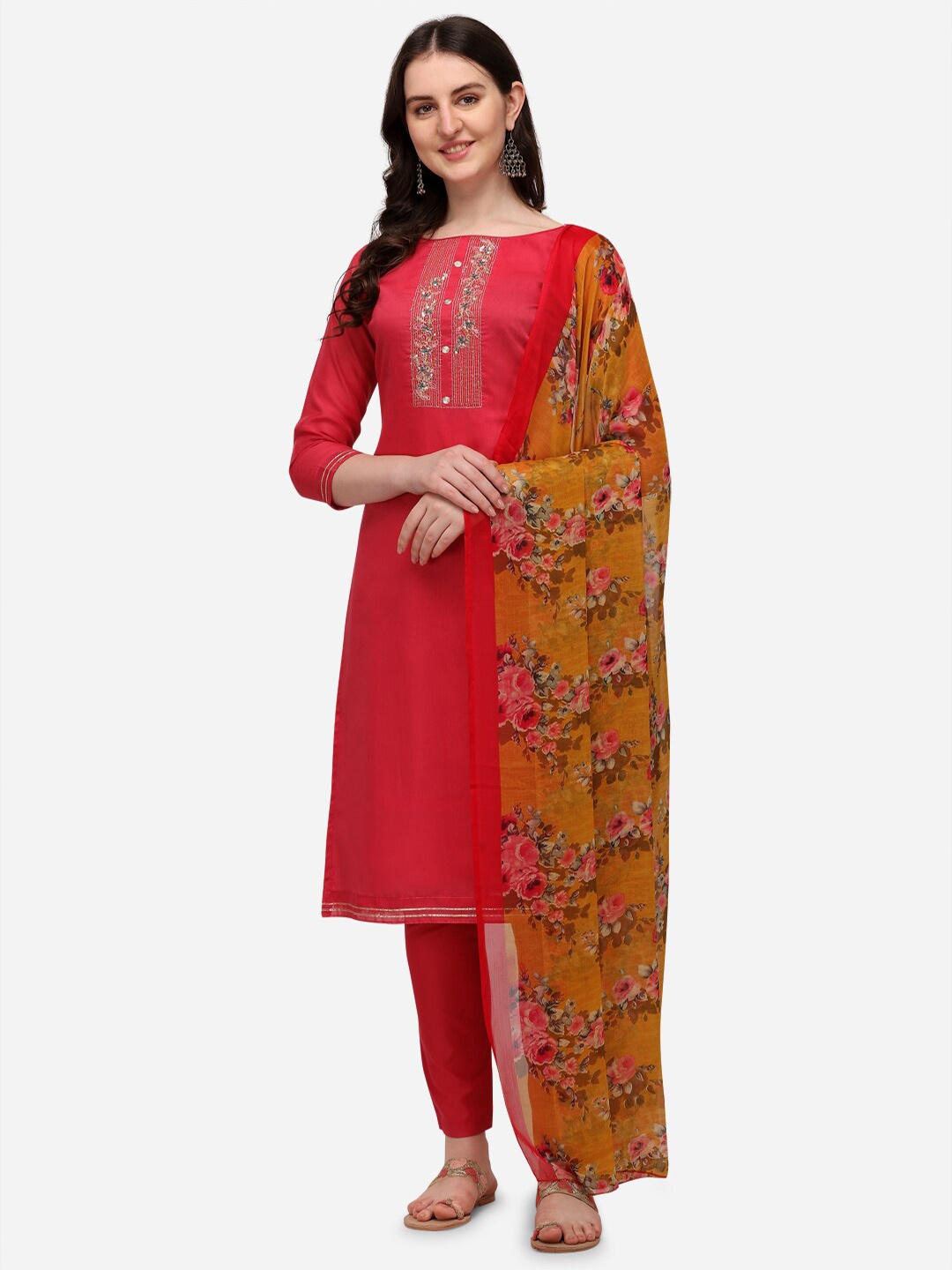 

RAJGRANTH Women Pink & Yellow Floral Embroidered Unstitched Dress Material