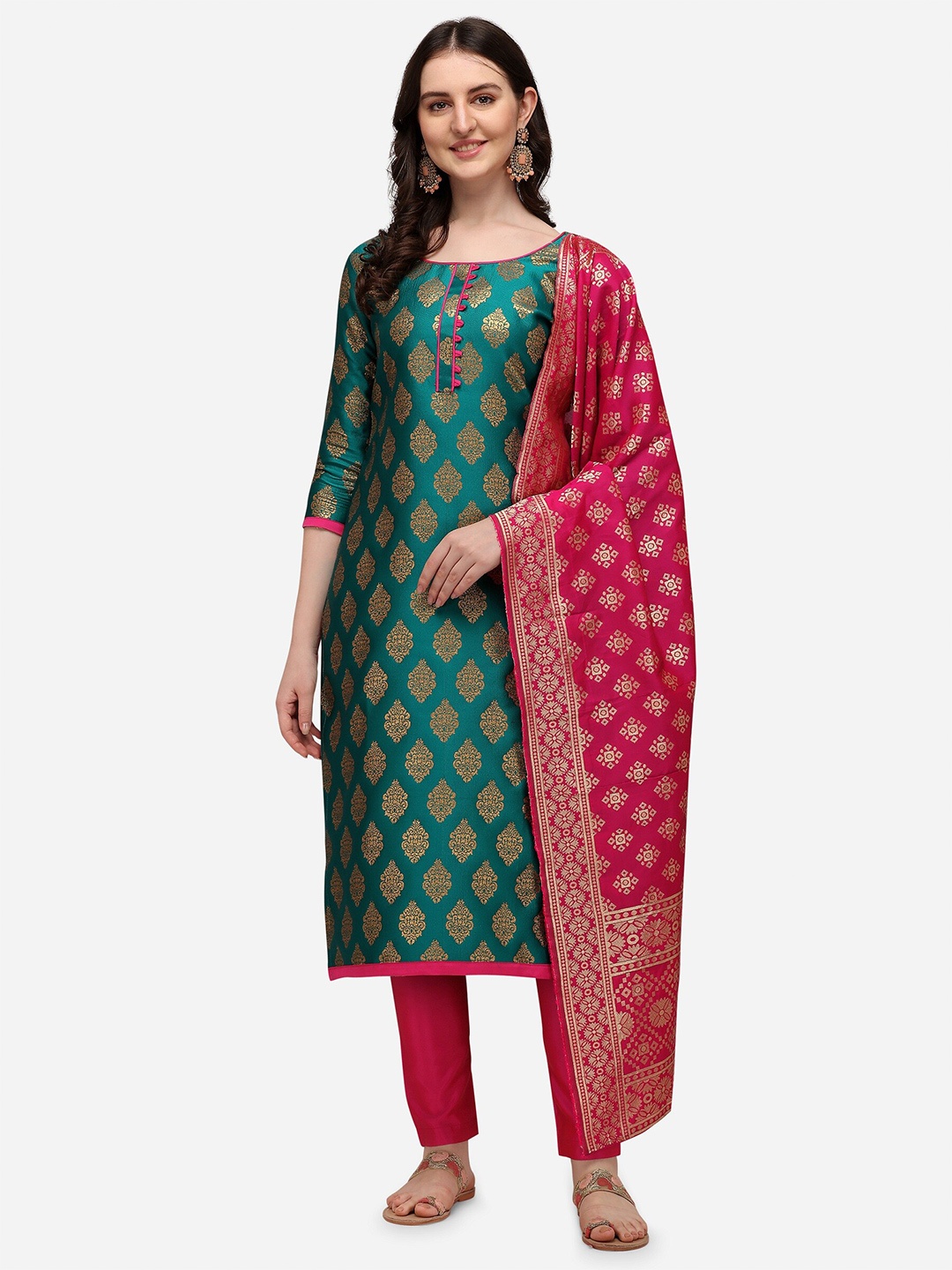

RAJGRANTH Sea Green & Pink Printed Unstitched Dress Material