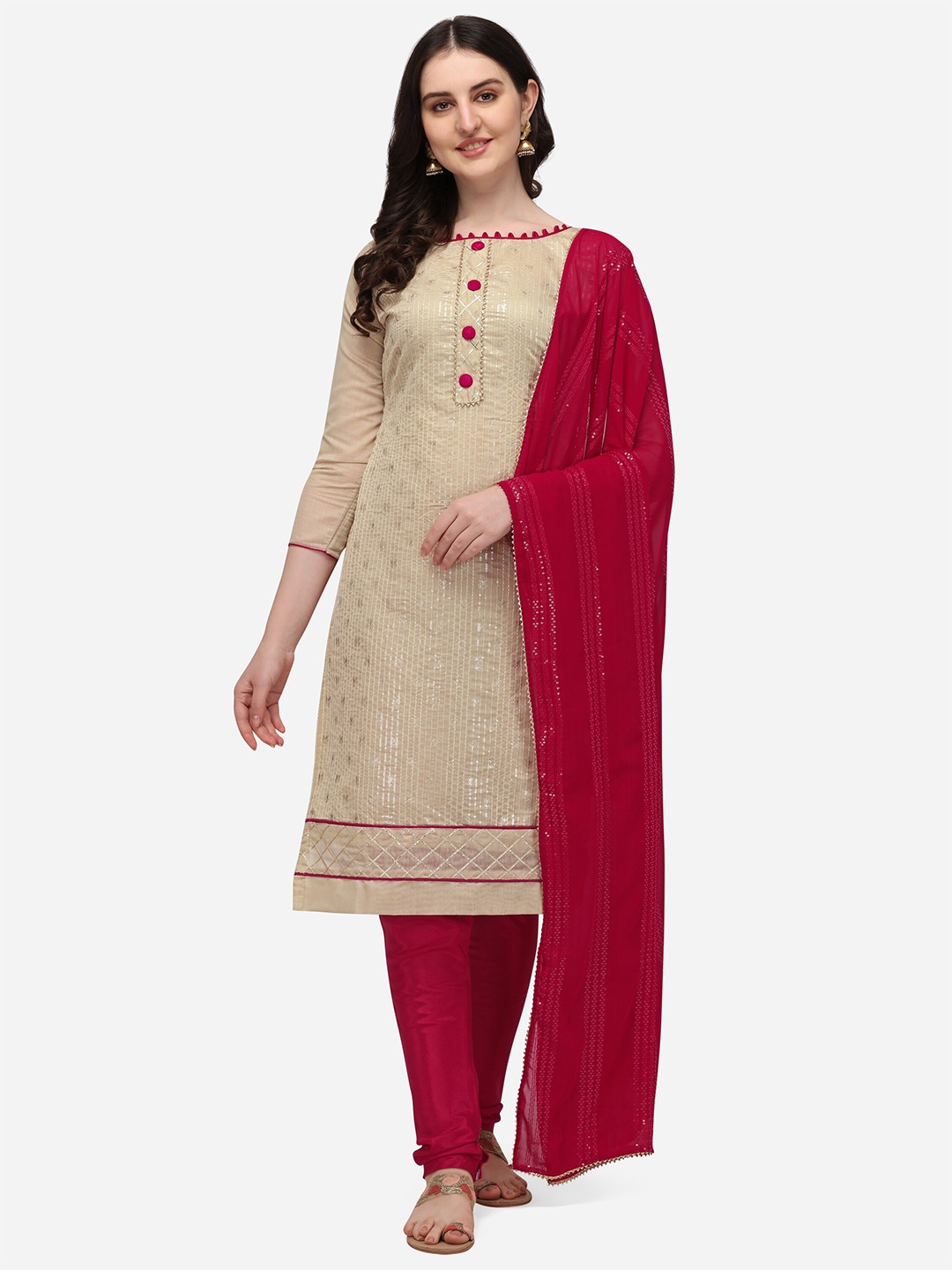 

RAJGRANTH Cream-Coloured & Pink Embroidered Unstitched Dress Material