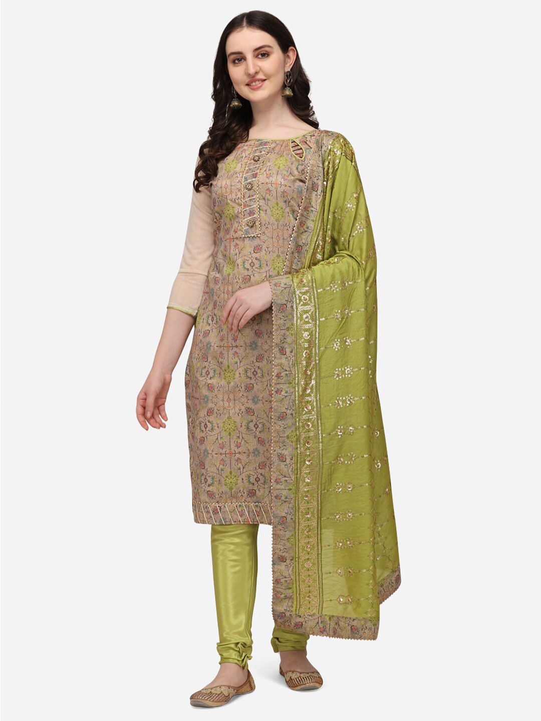 

RAJGRANTH Green & Beige Embroidered Unstitched Dress Material