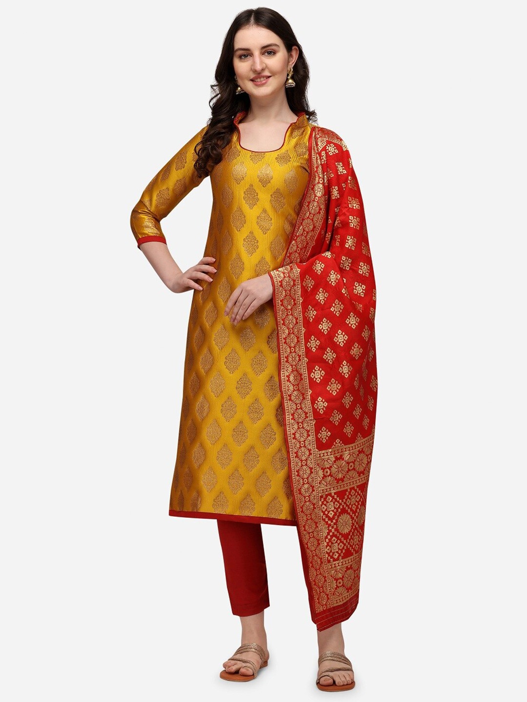 

RAJGRANTH Yellow & Red Banarasi Jacquard Printed Unstitched Dress Material