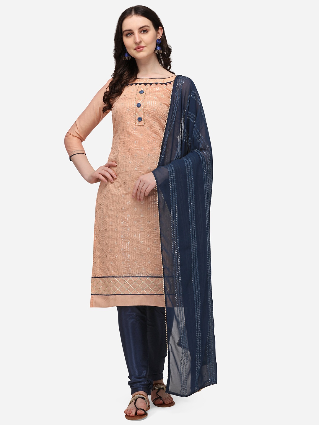 

RAJGRANTH Peach-Coloured & Blue Embroidered Unstitched Dress Material