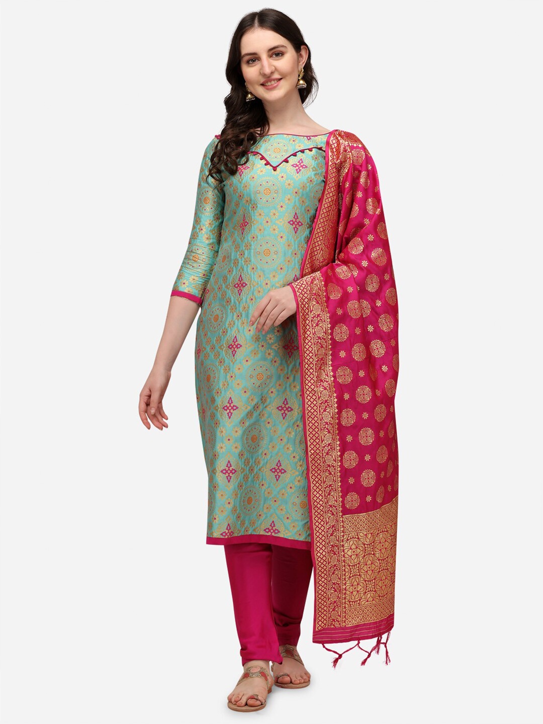 

RAJGRANTH Women Green & Pink Woven Designed Jacquard Unstitched Dress Material