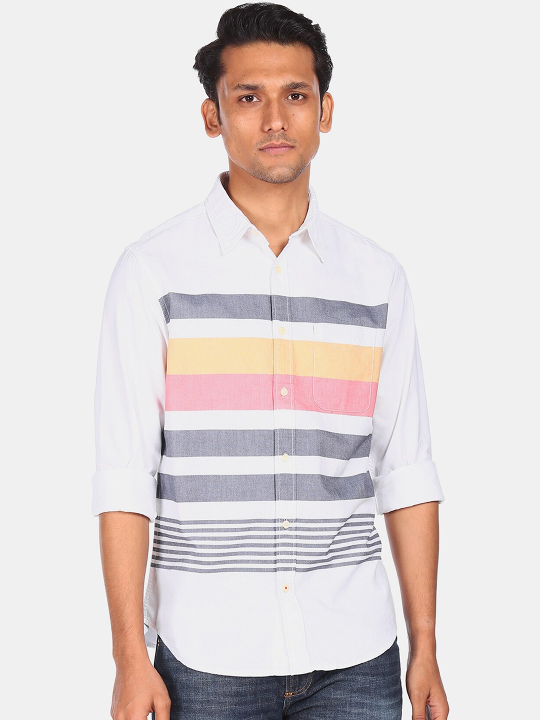 

Aeropostale Men White Multi Stripes Opaque Striped Cotton Casual Shirt
