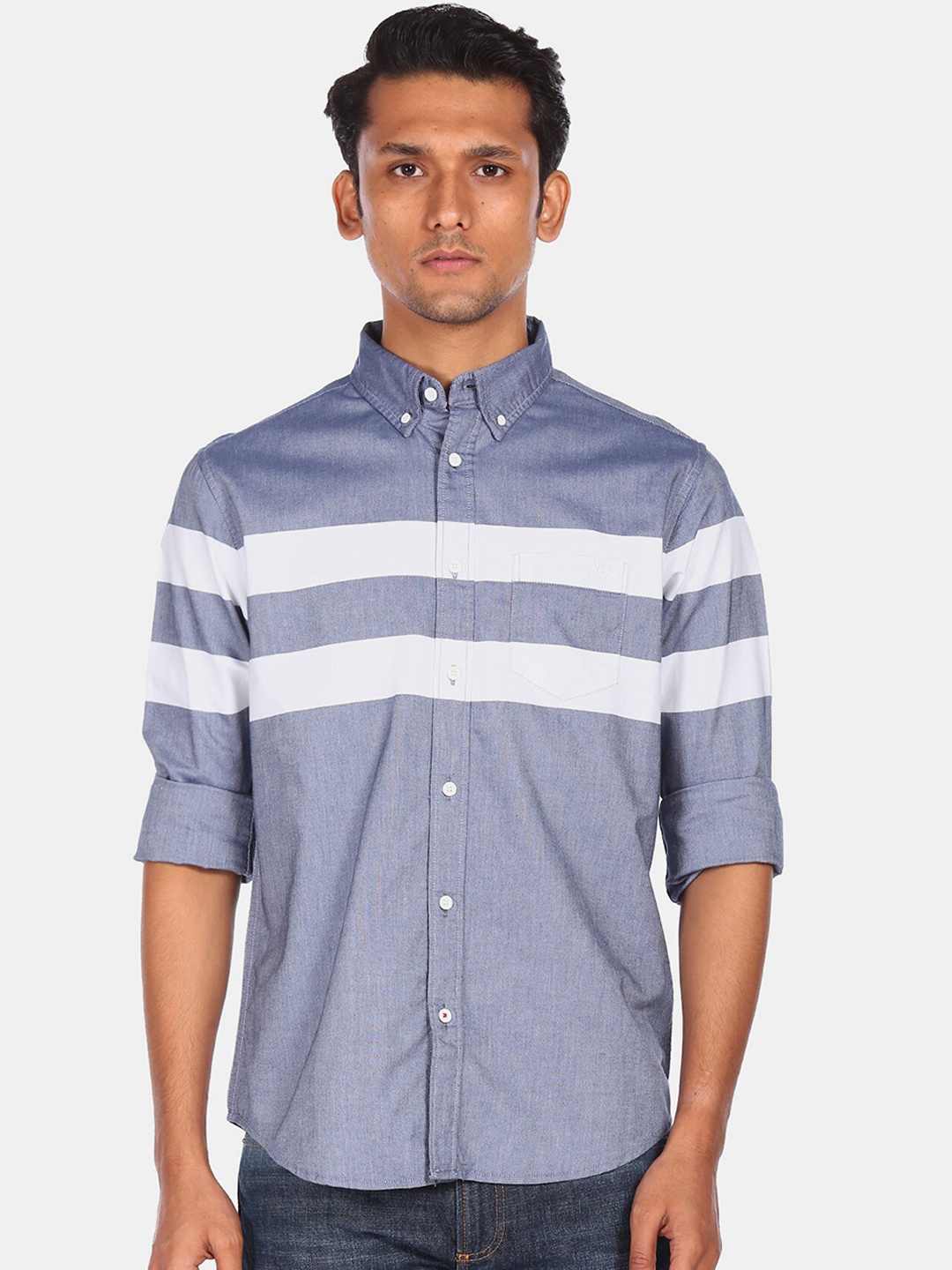 

Aeropostale Men Blue Horizontal Stripes Opaque Striped Pure Cotton Casual Shirt