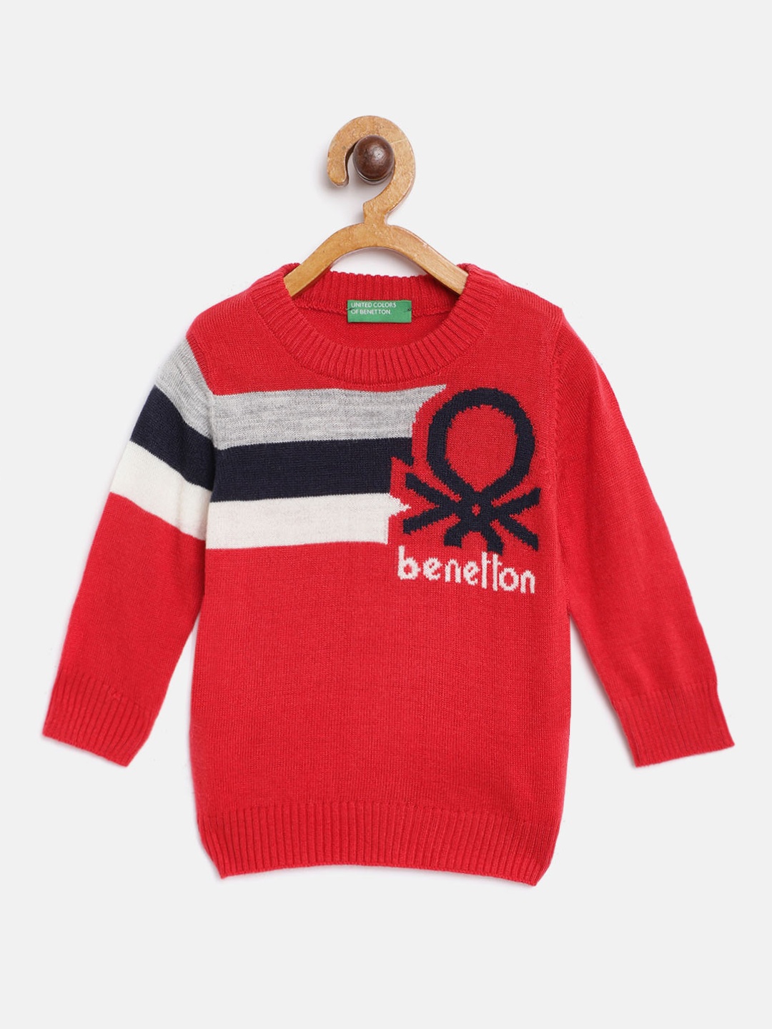 

United Colors of Benetton Boys Red & Navy Blue Striped & Brand Logo Pullover