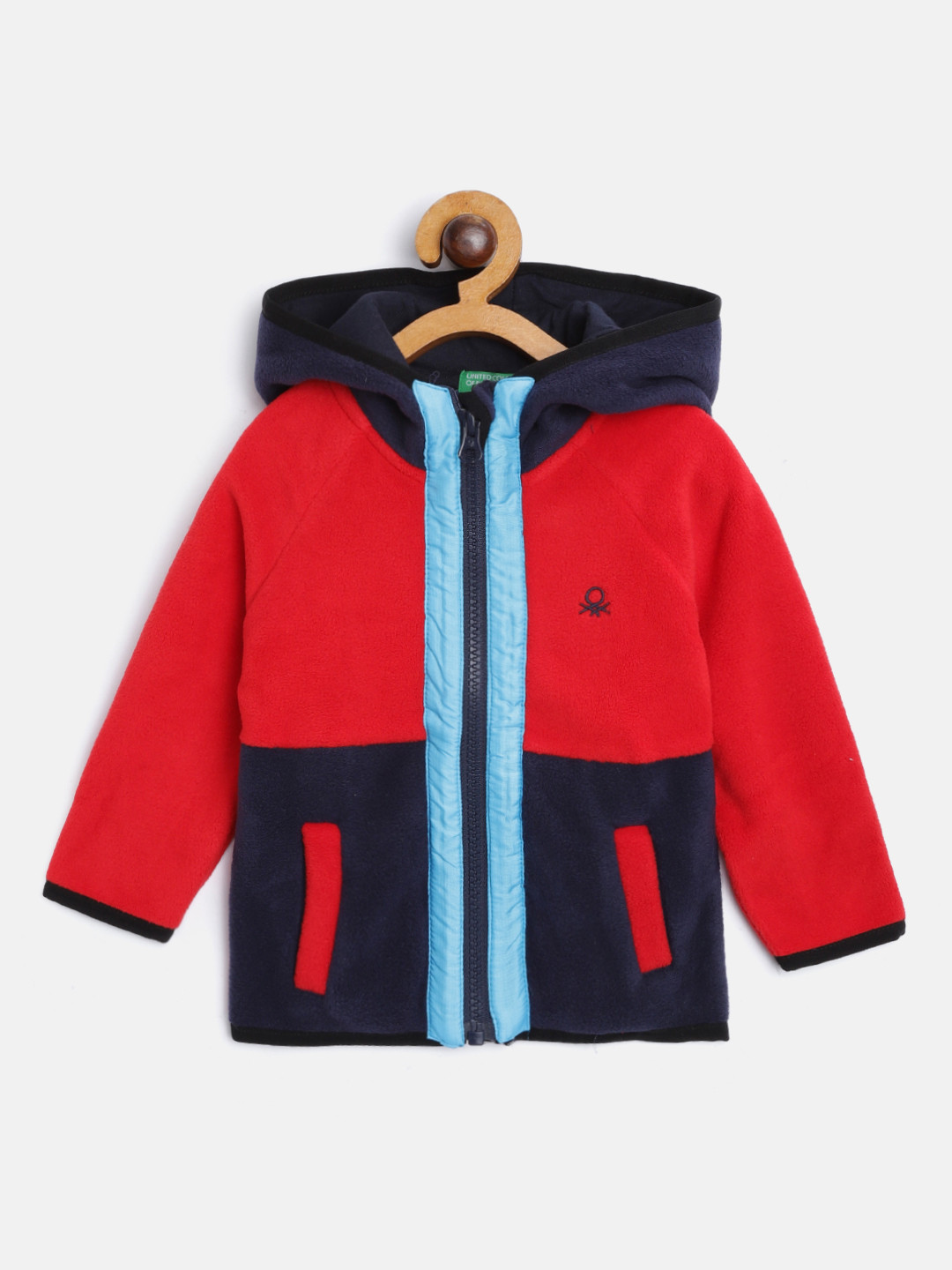 

United Colors of Benetton Boys Red & Navy Blue Colourblocked Hooded Fleece Sweatshirt
