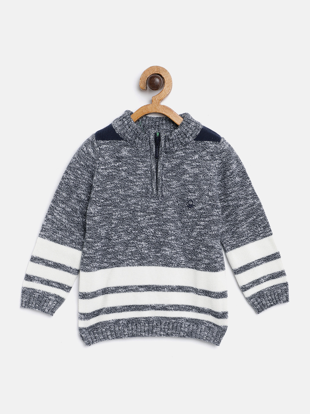 

United Colors of Benetton Boys Navy & White Cotton Striped Pullover with Grindle Effect, Navy blue