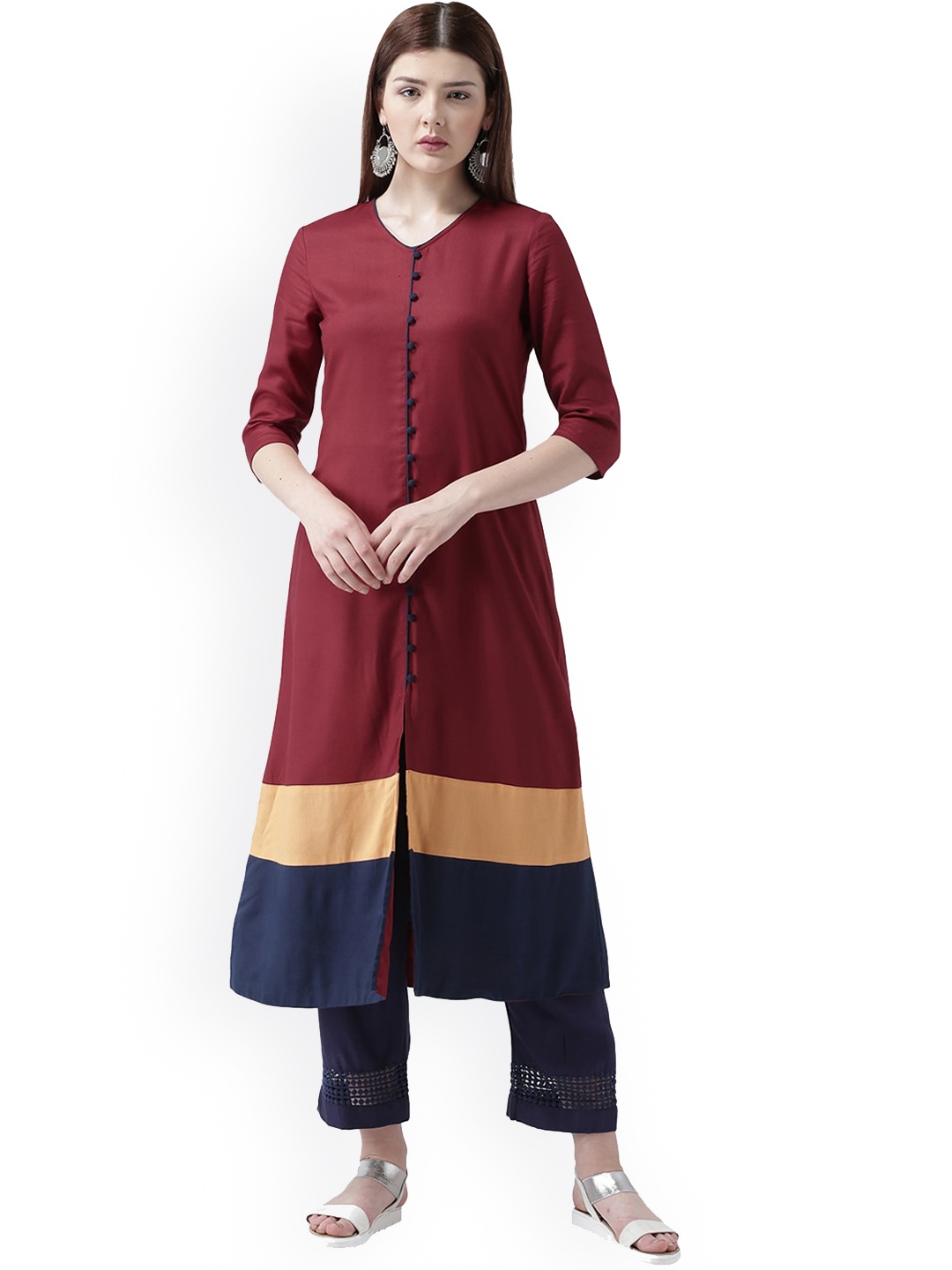 

DODO & MOA Women Maroon & Navy Blue Colourblocked A-Line Kurta