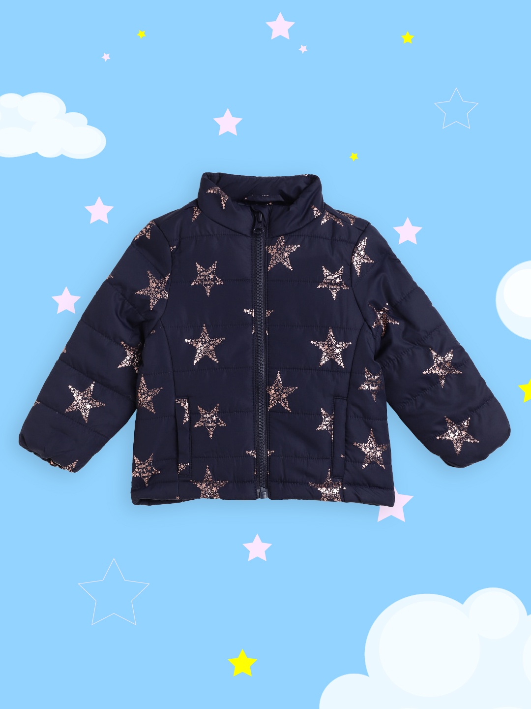 United Colors of Benetton Girls Navy Blue & Rose Gold Star Printed Padded Jacket