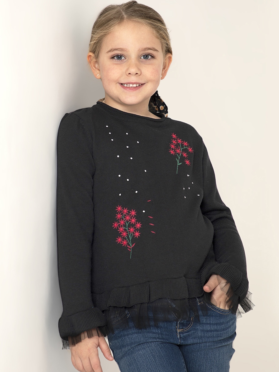 

Cherry Crumble Girls Black & Maroon Floral Embroidered Net Detail Pullover