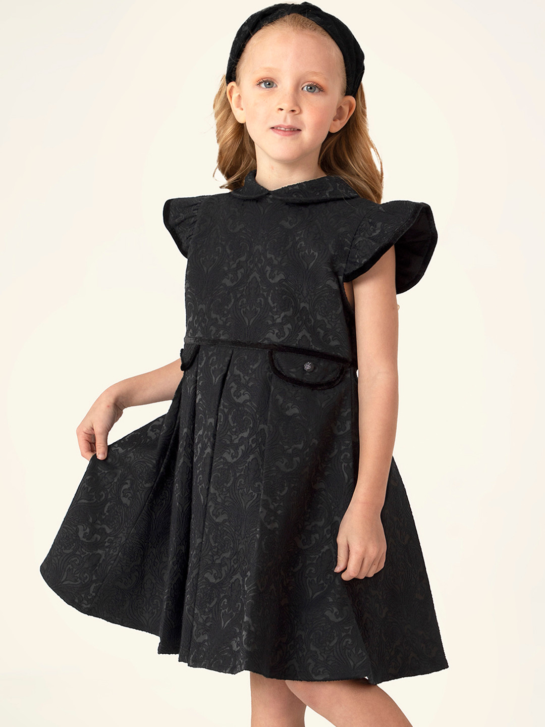 

Cherry Crumble Girls Black Ethnic Motifs Embroidered A-Line Dress with Hairband