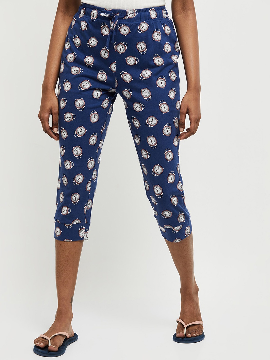 

max Women navy Blue & White Printed Pure Cotton Lounge Capris