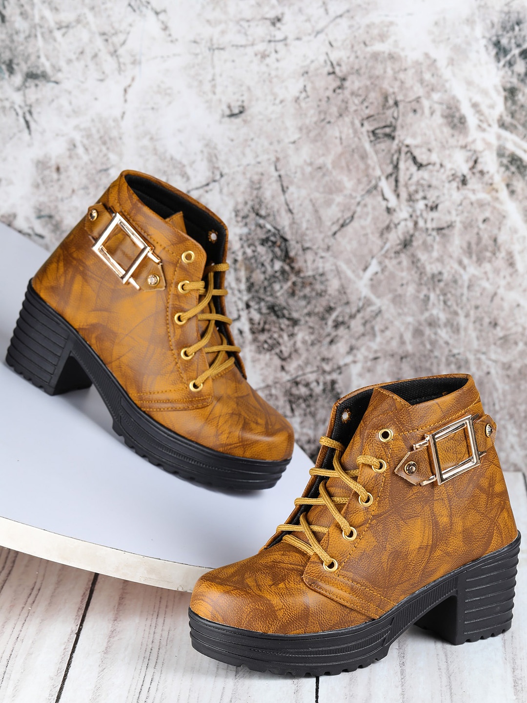 

LONDON STEPS Brown Block Heeled Boots with Buckles