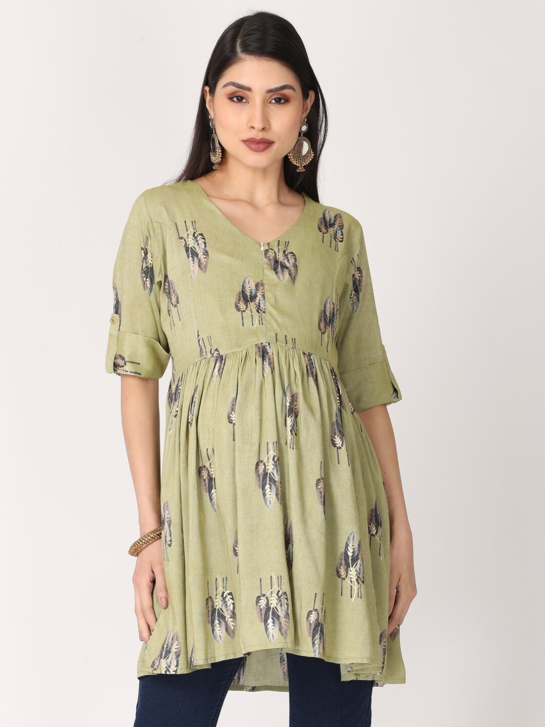 

The Mom Store Olive Green & Brown Foil Print Printed Pure Cotton Maternity Pleated Kurti