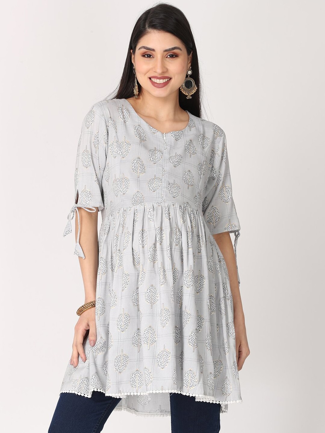 

The Mom Store Grey & White Ethnic Motifs Printed Pure Cotton Maternity Anarkali Kurti