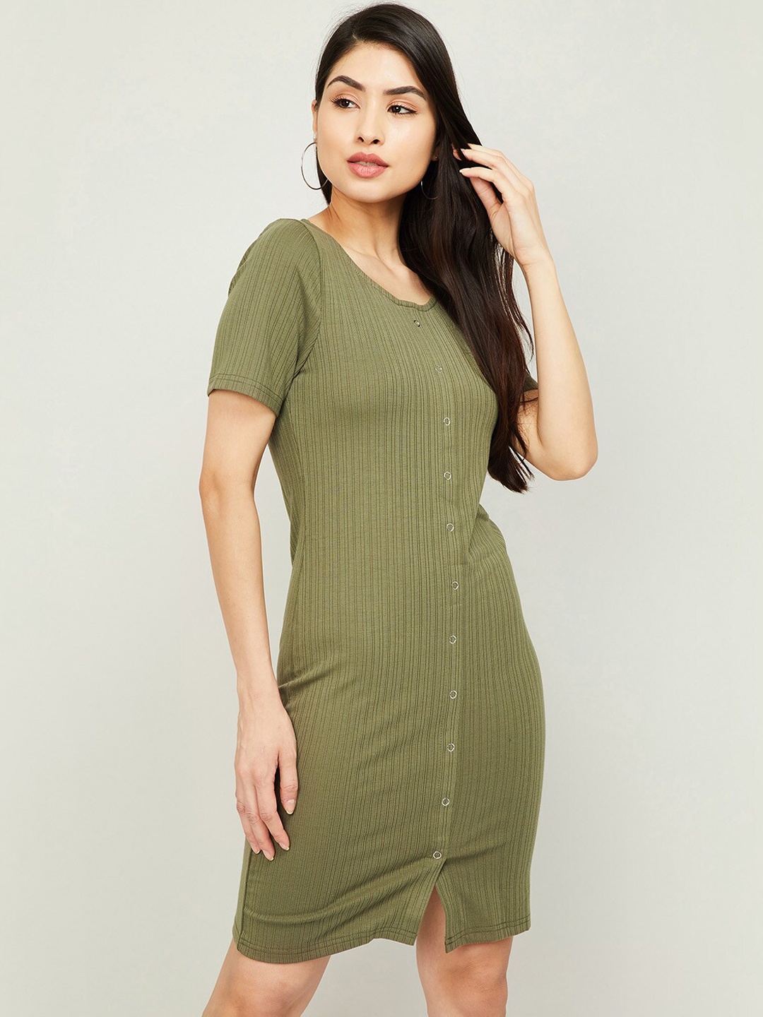 

Bossini Olive Green Checked A-Line Dress