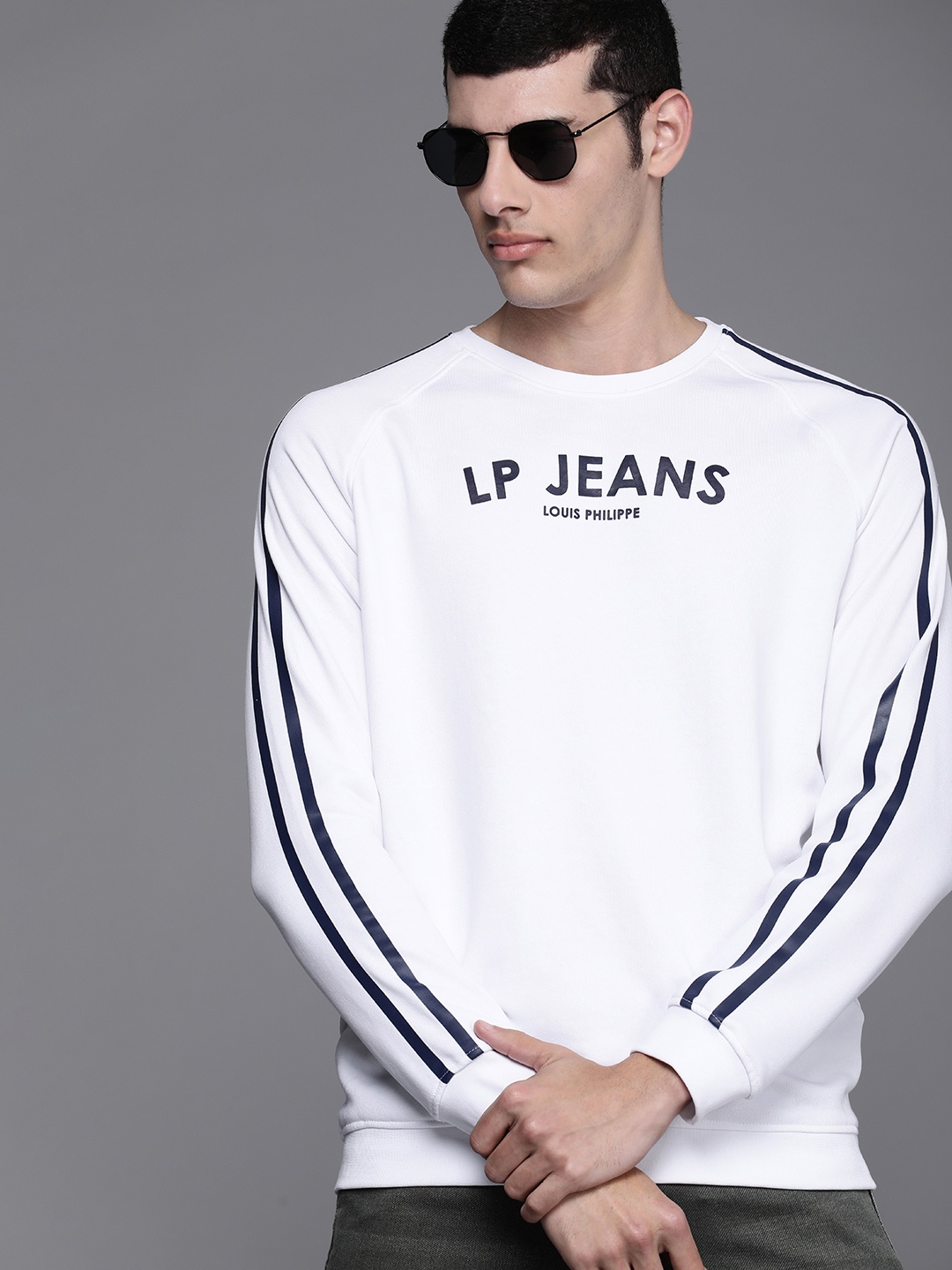 

Louis Philippe Jeans Men White & Black Brand Logo Printed Round Neck Sweatshirt